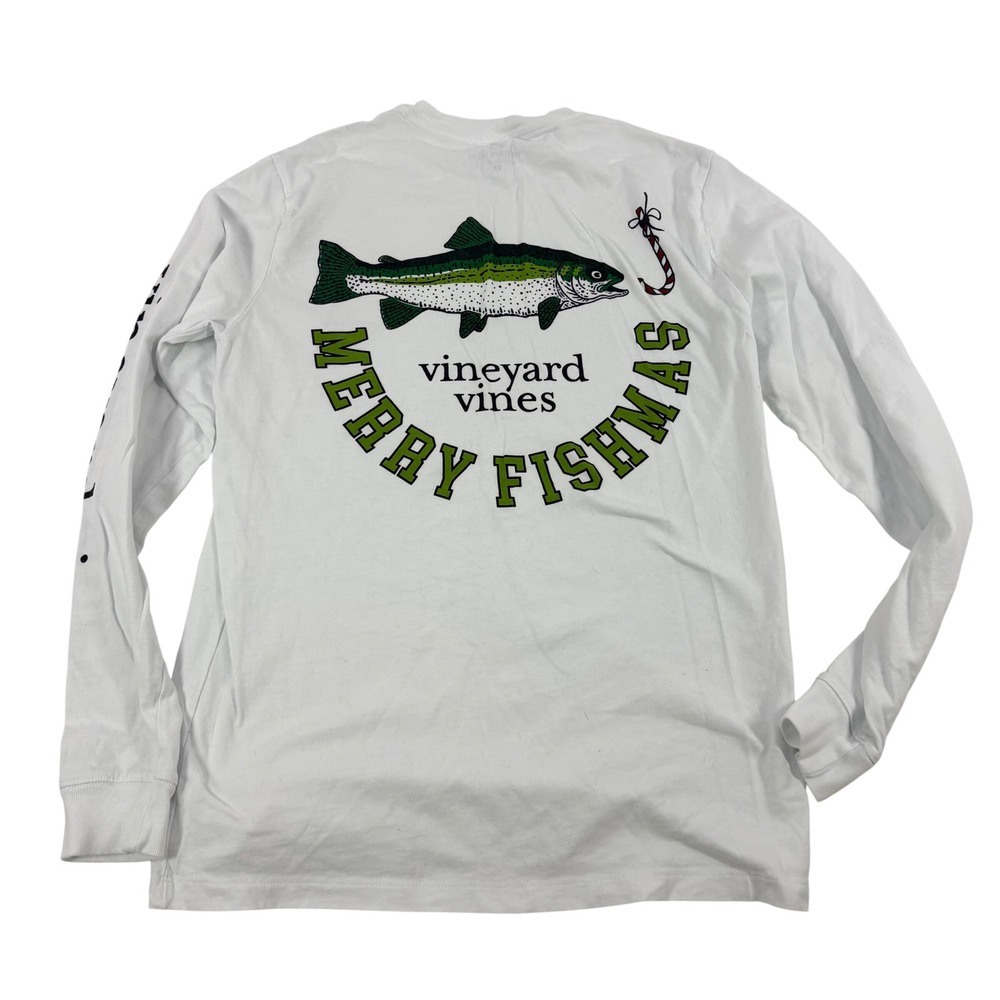 Vineyard Vines Merry‎ Fishmas Shirt Mens XS White Excellent Long Sleeve Graphic